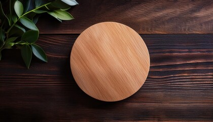Elegant Round Drink Coaster Mockup Set Against a Dark Wooden Table, Offering Versatile Branding Opportunities and Creative Possibilities in an Inviting Mood