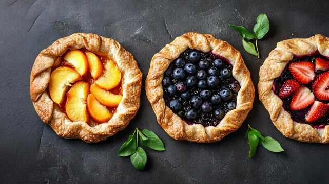 Delicious fruit galettes with peaches, blueberries, and strawberries on dark stone surface
