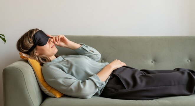 Young caucasian female relaxing on couch with sleep mask in comfortable home environment