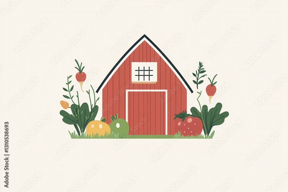 Poster rustic barn surrounded by fresh vegetables showcasing farm products with a clean and modern aestheti