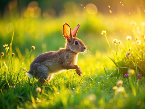 Running Rabbit in Green Field - Cute Bunny Meadow Photo - Spring Hare Image