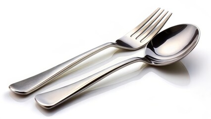 Stainless Steel Spoon and Fork on White Background