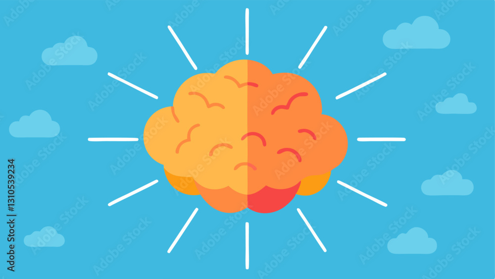 Poster sunshine mindset a brain surrounded by sun rays and clouds symbolizing a positive mindset and the in