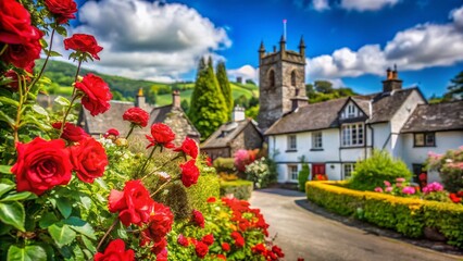 Hawkshead, Lake District: Charming English Village Summer Scene with Church & Roses