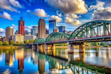 Obraz premium Hawthorne Bridge Portland Oregon Willamette River Downtown Cityscape Skyline Stock Photo