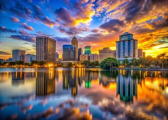 HDR Orlando Skyline & Lake Lucerne Reflection: Stunning Florida Cityscape at Sunset