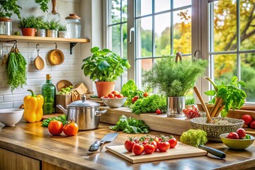 Healthy Cooking Prep: Fresh Vegetables & Herbs on Modern Kitchen Countertop