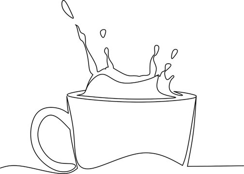 Coffe cup with splash continious line drawing vector,splash of coffe in the cup outline design vector,coffe splash continious line design vector 