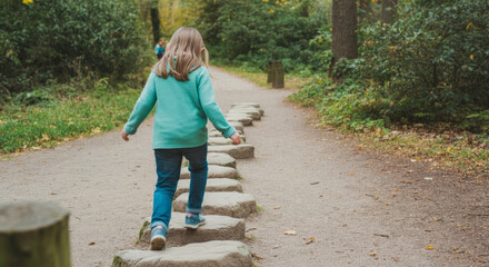 Young caucasian child balancing on stepping stones in forest pathway