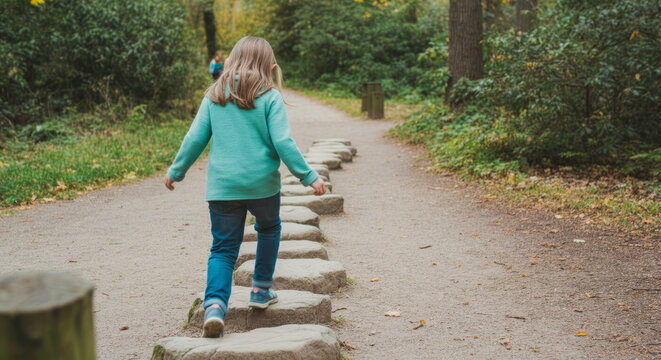 Young caucasian child balancing on stepping stones in forest pathway