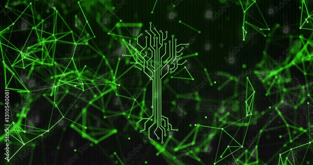 Poster animation of circuit tree with green digital network connections in background