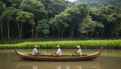Obraz premium Serene River Journey: Three Men Rowing a Wooden Boat Through Lush Green Tropical Landscape