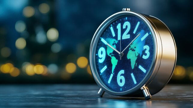 Stylish Silver Alarm Clock with World Map Display at Night