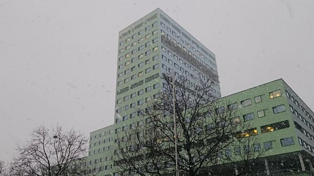ZNA Cadix hospital during heavy snowfall with bare trees in the foreground, on a cold winter day in Antwerp, Belgium