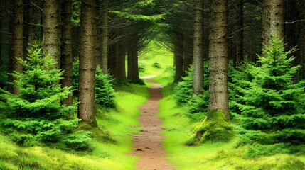 Obraz premium A Lush Green Forest Path Lined With Towering Trees