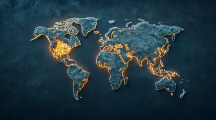 Illuminated World Map with Dull Background and Bright Borders