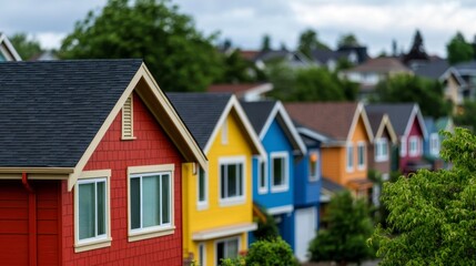 Colorful Houses in a Vibrant Neighborhood Under Cloudy Sky