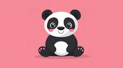 Fototapeta premium Cute cartoon panda bear sitting happily on a pink background