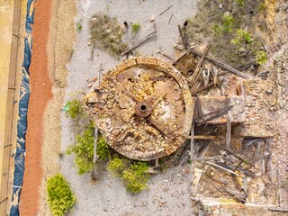 Top-Down aerial view from a drone of an old chimney stack at the Ottery Arsenic Mine near Tent Hill, NSW, Australia