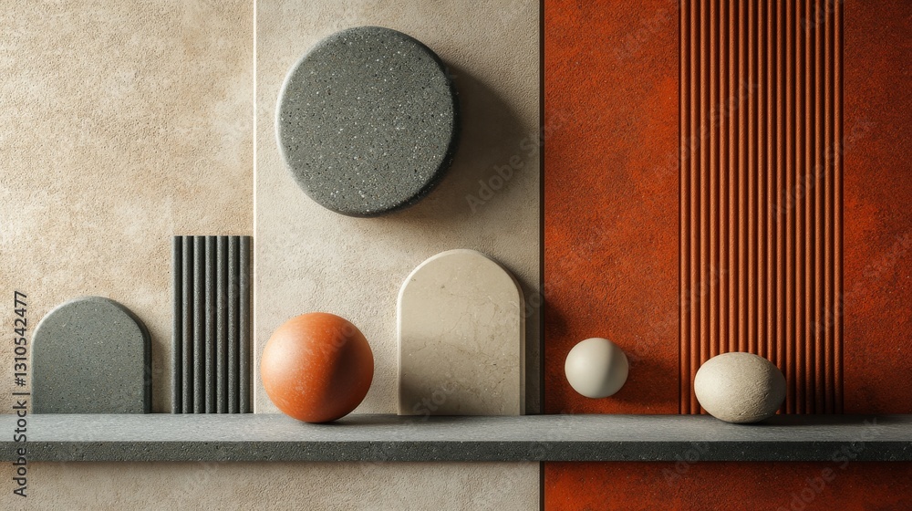 Poster various abstract geometrical shapes are arranged with different textures and colors