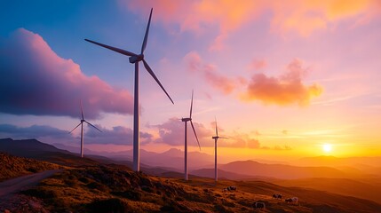 Obraz premium Stunning Sunrise Over Wind Turbines in Rural Field with Cattle Grazing Nearby Surrounded by Serene Landscape and Scenic Hills