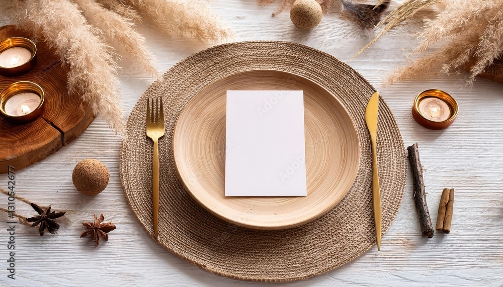 Poster intimate closeup of bohemian decor on white wooden table with empty card and rustic atmosphere, perf