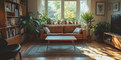 Obraz premium Sunlit Living Room Interior Design with Plants and Bookshelves