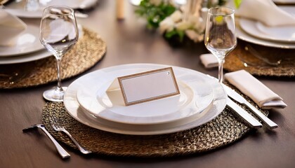 Table Setting with Empty Guest Card, Plates, Napkins and Cutlery Serene Minimalist Setup for a Cozy Winter Gathering, Showcasing Neutral Tones and Rustic Textures.