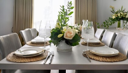 Elegant Floral Table Setting in a Vibrant Spring Mood, Featuring Diverse Blooms, Soft Linens, and Rustic Accents for an Artistic Touch to Enhance Any Occasion.