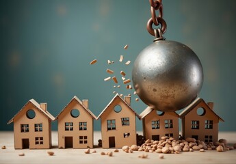 Wrecking Ball Destroying Cardboard Houses Symbolizing Market Crash
