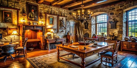 Fototapeta premium Historic Home Office: Medieval Armory Decor, Stone Walls, Heavy Wood Furniture