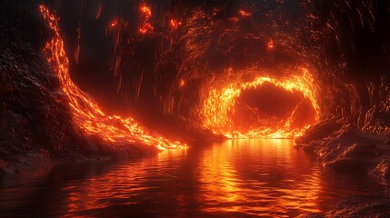 Depicts mesmerizing dance of fiery embers and solid rock, illuminating underground realm with a flickering warmth and enchanting interplay