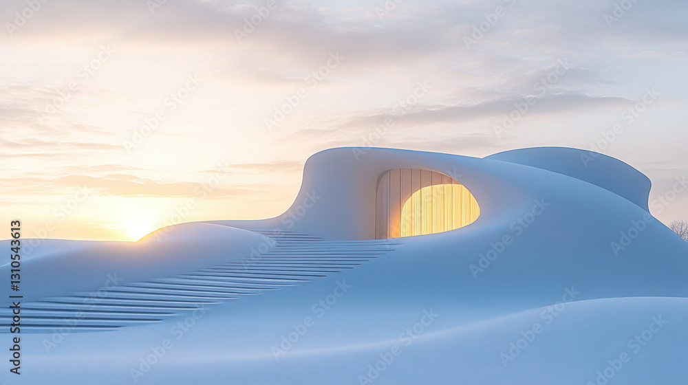 Poster a minimalist white building with rounded shapes and smooth lines