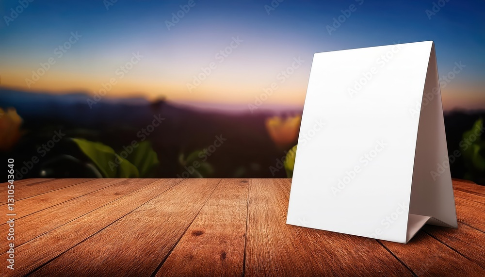Poster 3d illustration empty table tent on rustic wooden table, set against a blank card in a minimalistic 