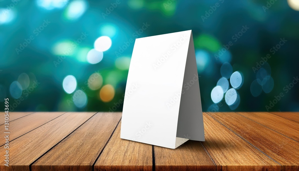 Poster 3d illustration empty table tent on a rustic wooden table with a reserved card sign, staged in a min