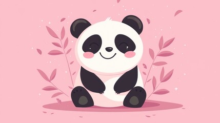 A Cute Cartoon Panda Bear Smiling Happily Against Pink Background