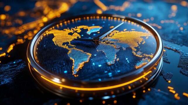 3D Rendered World Map with Timekeeping Elements and Digital Effects