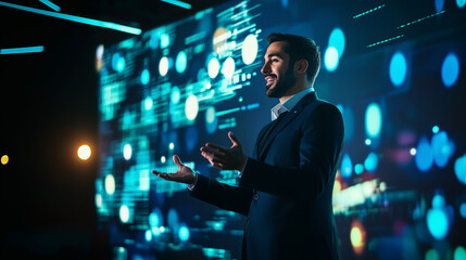 Hispanic businessman speaking at corporate conference, dynamic presentation on stage with large led screen. 