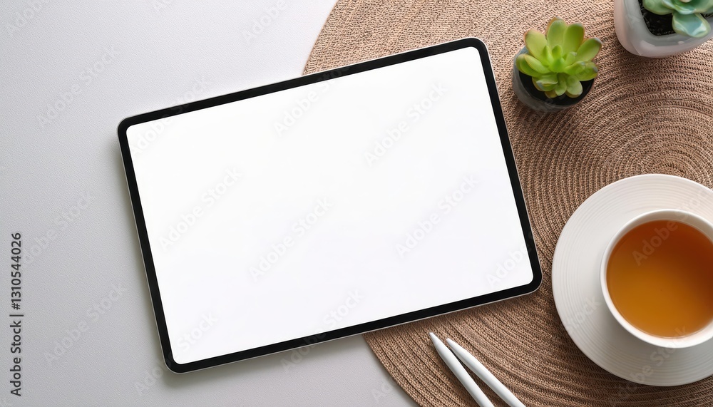 Aufkleber sleek tablet showcased in a minimalistic white desk setup, perfectly complementing the clean and mod