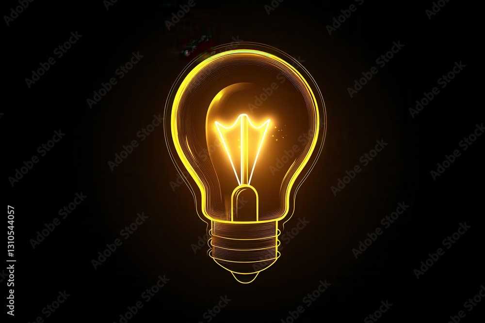 Poster clean design of a glowing light bulb with bright yellow highlights on a dark background showcasing m