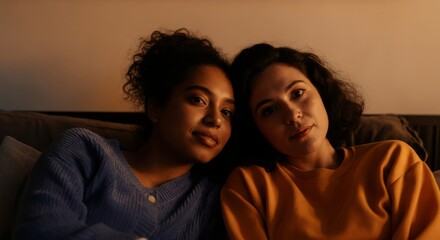 Fototapeta premium Two young women relaxing indoors: close-up of hispanic and caucasian friends in cozy setting