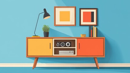 Mid-century modern sideboard with colorful cabinet doors against a bright blue wall, accented by geometric art and accessories, showcasing minimalist design