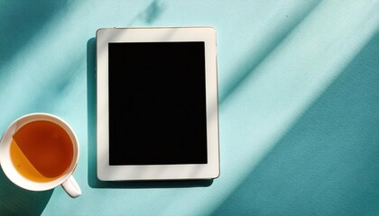Tablet and Tea Set on a Light Blue Table, Shadowy Window Glow, Top View Tranquil Scene Evoking Contemplation and Serenity Amidst Soft Shadows.