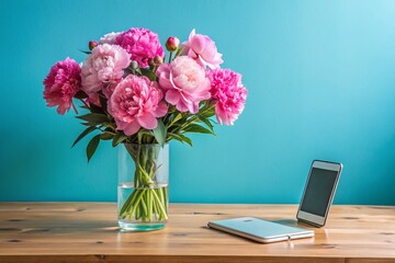 Home Office Desk Setup: Blue Aesthetic, Peonies & Modern Phone