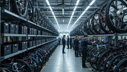 Fototapeta premium Modern Bicycle Storage Facility with Professionals Handling Bikes