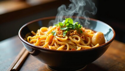 Noodles in steaming bowl with savory toppings, ramen noodles, mealtime