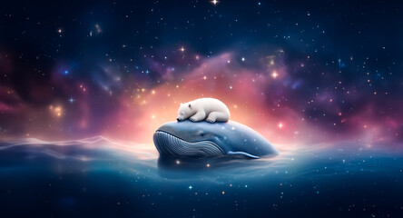 Peaceful polar bear cub rests on a blue whale under a vibrant starry night. Water reflects the cosmos in a dreamy, serene scene.