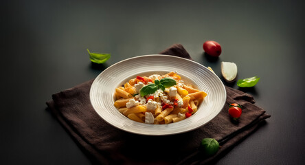 A plate of pasta with tomato sauce and white cheese is garnished with fresh basil leaves and cherry tomatoes, presented on a brown napkin.