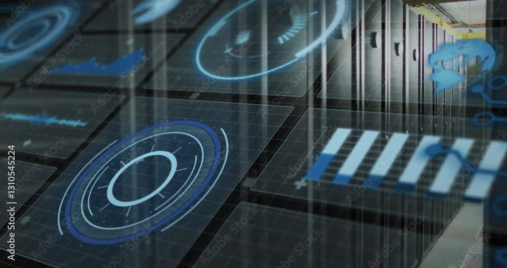 Poster in school, student using digital interface with animation of futuristic charts