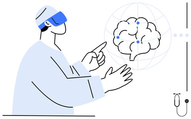 Person wearing VR headset interacting with a virtual brain interface, exploring connections. Ideal for technology, neuroscience, innovation, research, healthcare, education, flat simple metaphor